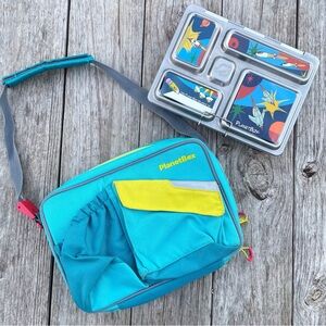 PlanetBox Aqua Kids Lunch Bag and Rover Stainless Steel Tray Set with Magnets